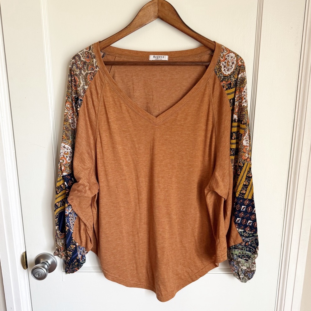 Bohemian Camel Brown Top with Patterned Sleeves